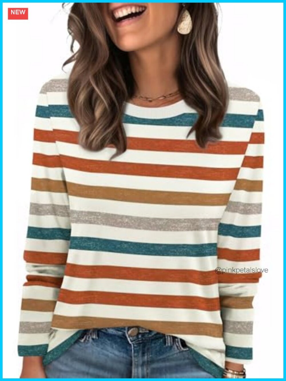 Ribbed Crewneck Long Sleeve Striped T-Shirt Tee Casual Fall Top